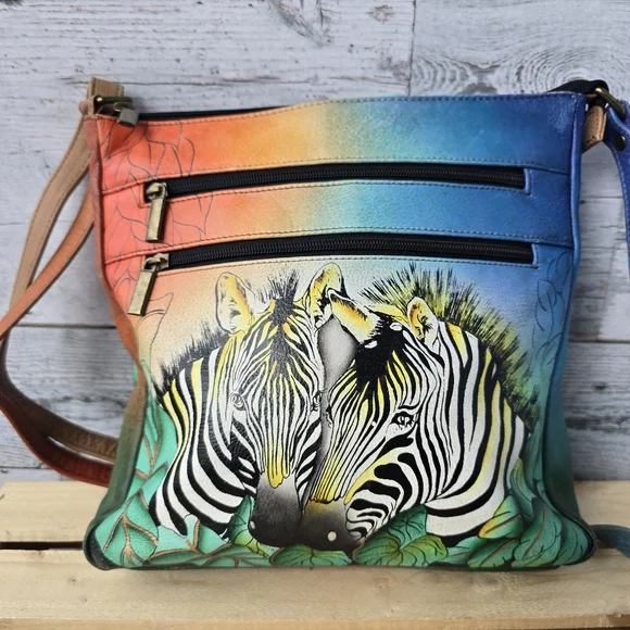 Anna by Anuschka Handpainted Leather Medium Organizer Crossbody Bag Zebra Safari - Picture 4 of 10